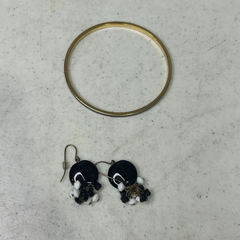Monet Gold Tone Bangle Bracelet Set Blue Enamel Black White Cluster Earrings Lot